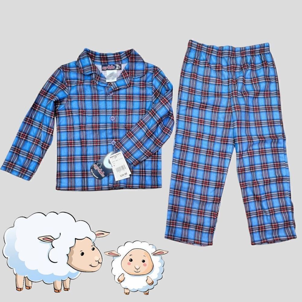 Up-late Pajama Set Kids 6 Blue Red Plaid Flannel Long Sleeve Flame Resistant NWT
